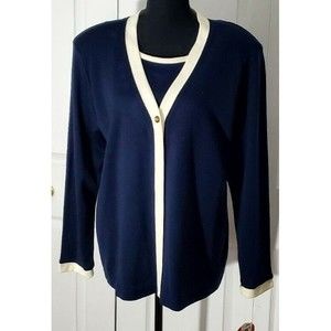 Eccobay Womens Sz M 2 in 1 Blue Ivory trim Sweater Long Sleeve Knit Top  NWT